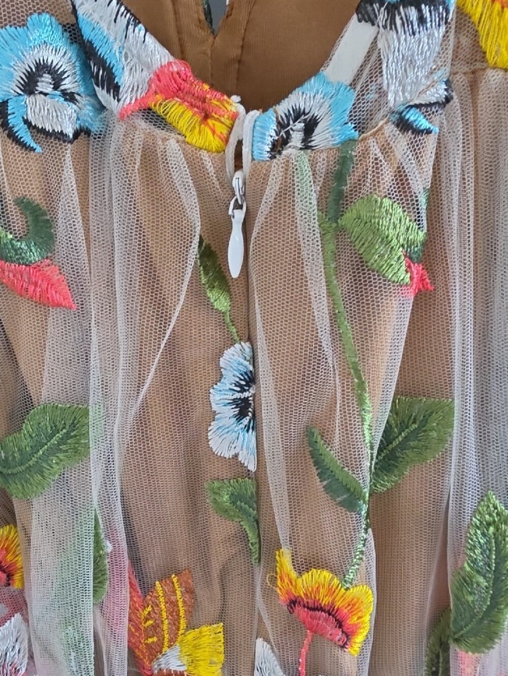 Embroidered Floral Sheer Maxi Dress in Tan with Multicolor Blooms - Picture 11 of 11